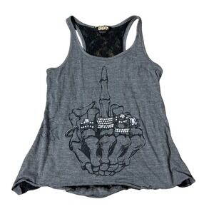 Social Collision Goth Skeleton Hand Rhinestone Shredded Lace Back Tank Top Small
